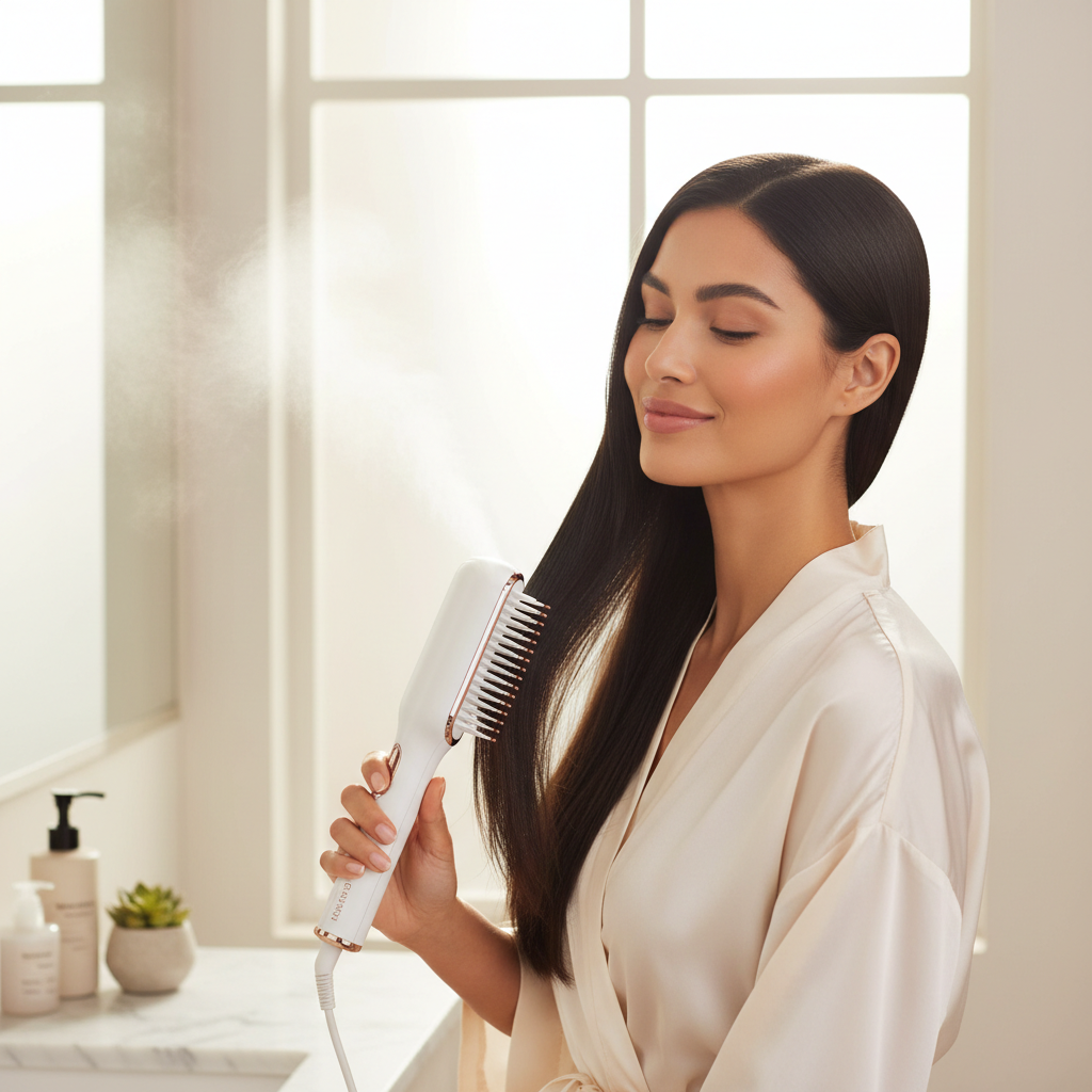 Woman using rechargeable steam hair brush for smooth, frizz-free glossy hair