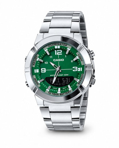 A Casio analog-digital wristwatch with a silver stainless steel link bracelet and a vibrant green dial, shown against a plain white background.