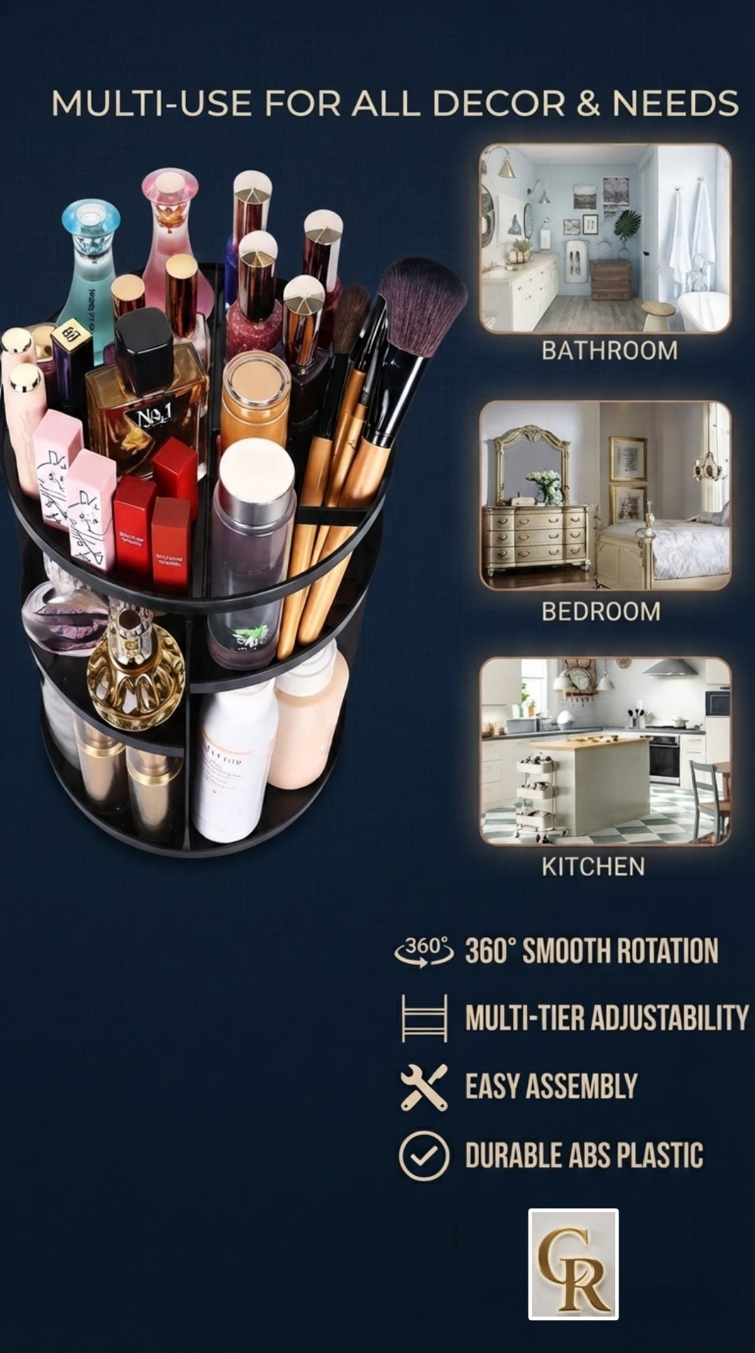 A black multi-tier rotating makeup organizer filled with cosmetics and brushes, shown on a dark navy background with text reading 'MULTI-USE FOR ALL DECOR & NEEDS' and small bathroom, bedroom, and kitchen usage photos. Features listed include 360° smooth rotation, multi-tier adjustability, easy assembly, and durable ABS plastic.