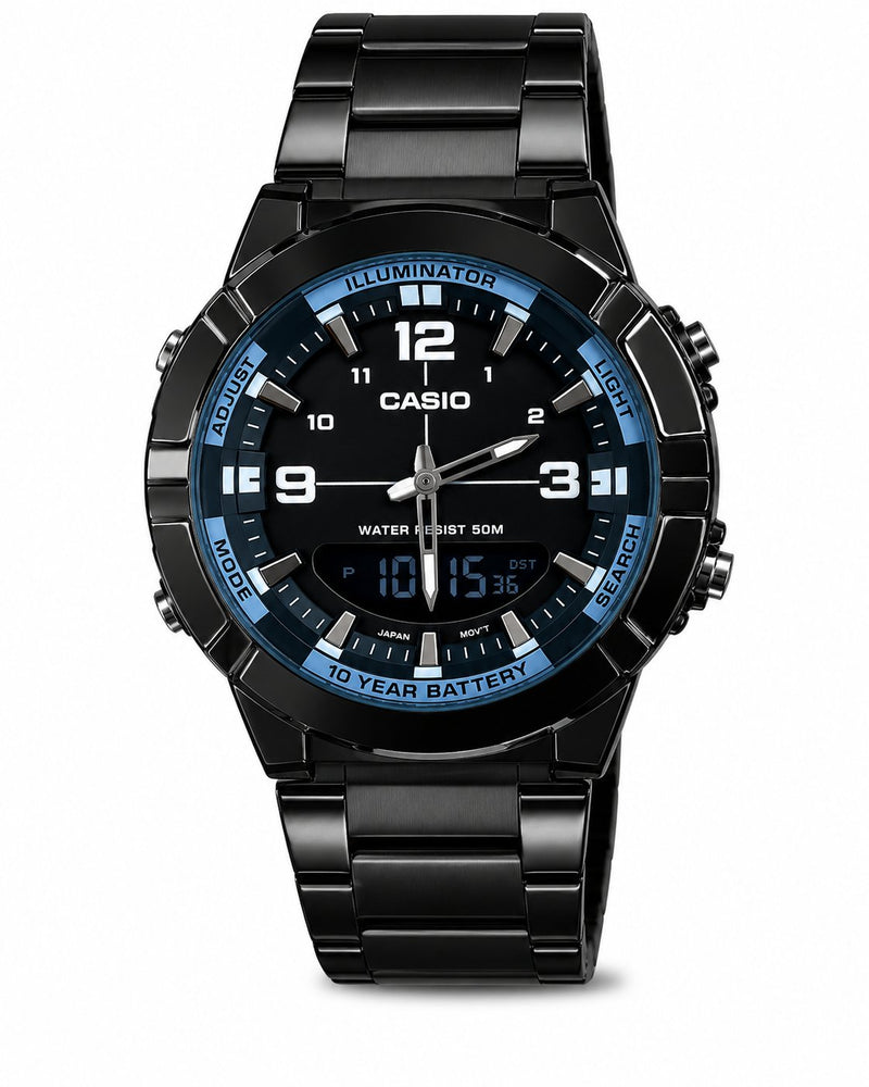 CASIO analog-digital sport watch with a black stainless steel case and link bracelet, featuring a blue and black dial with white markings.
