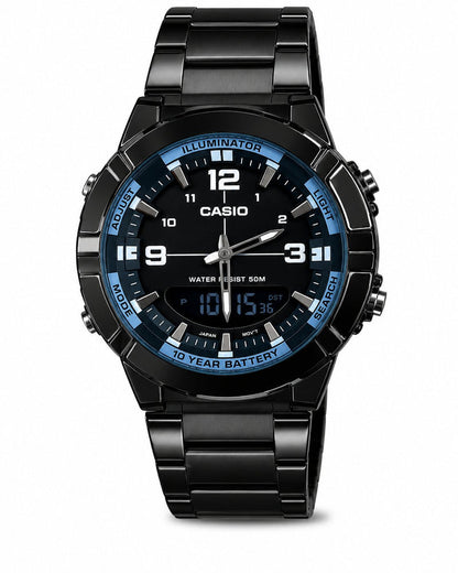 CASIO analog-digital sport watch with a black stainless steel case and link bracelet, featuring a blue and black dial with white markings.