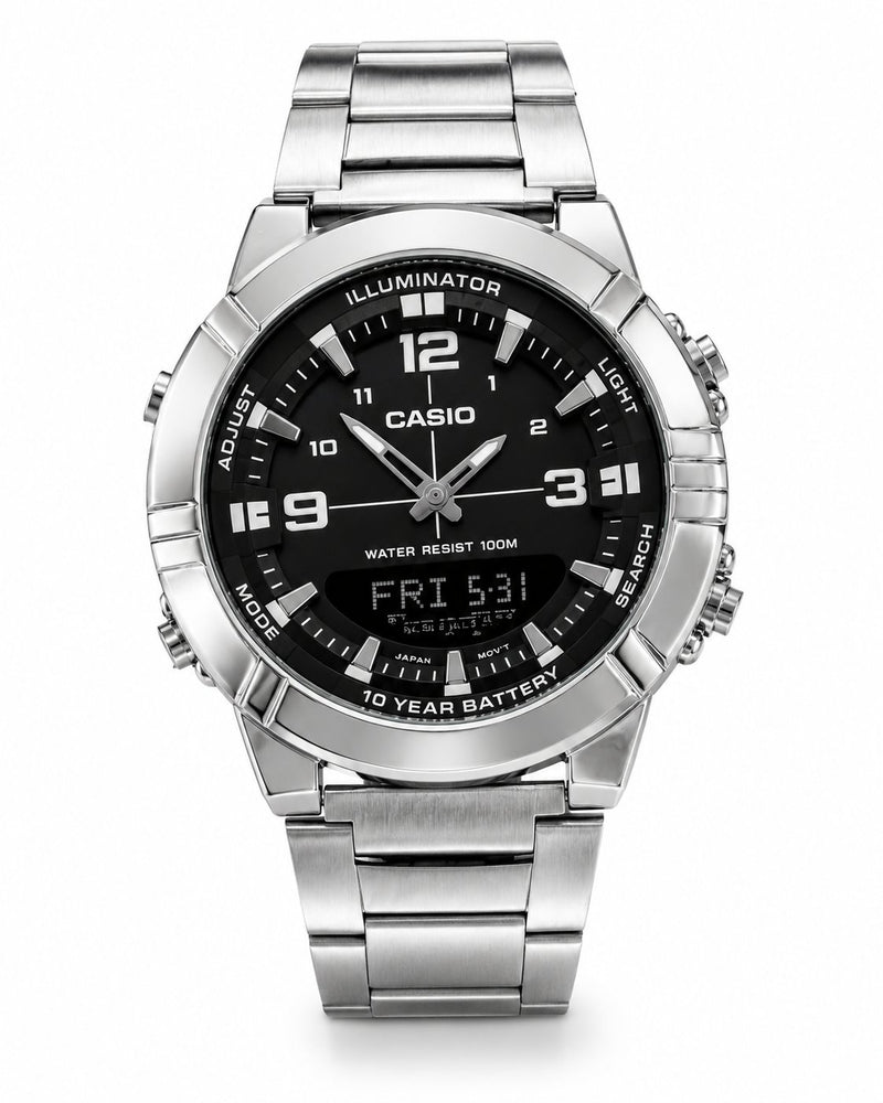 A Casio stainless steel analog-digital watch with a black dial and silver-tone metal case and link bracelet, shown on a plain white background.