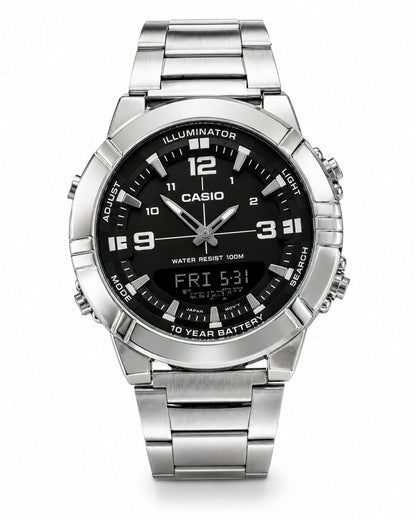 A Casio stainless steel analog-digital watch with a black dial and silver-tone metal case and link bracelet, shown on a plain white background.