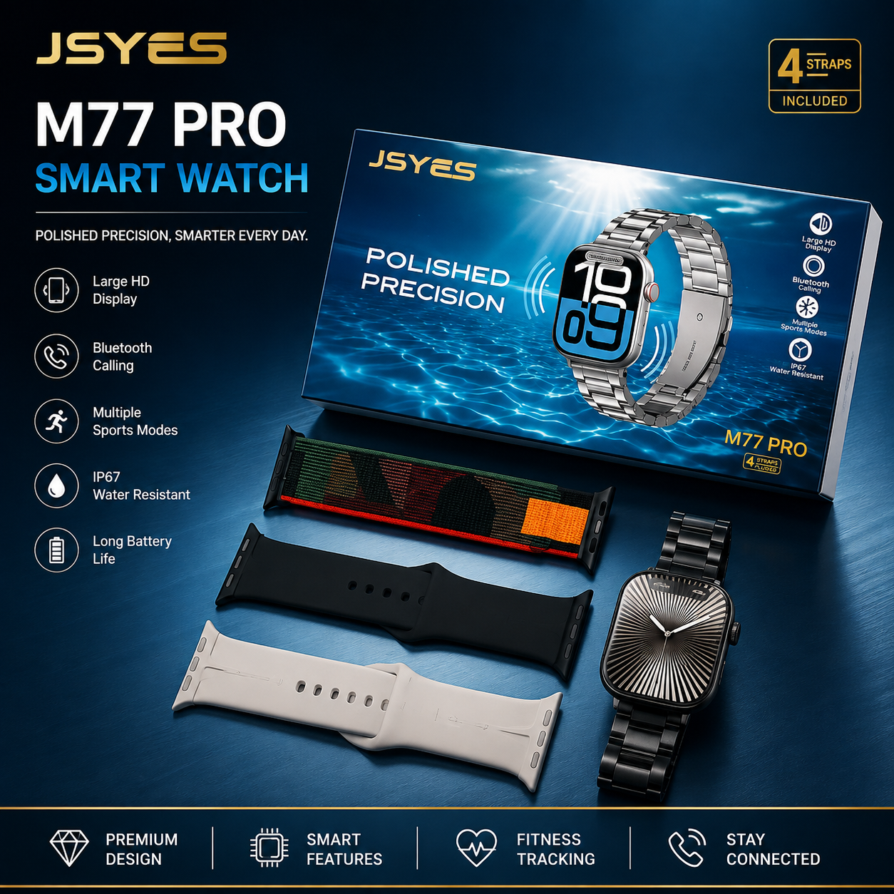 JSYES M77 Pro smart watch shown with its retail box, plus three interchangeable bands in black, white, and dark gray, on a dark blue promotional background with feature callouts and icons.