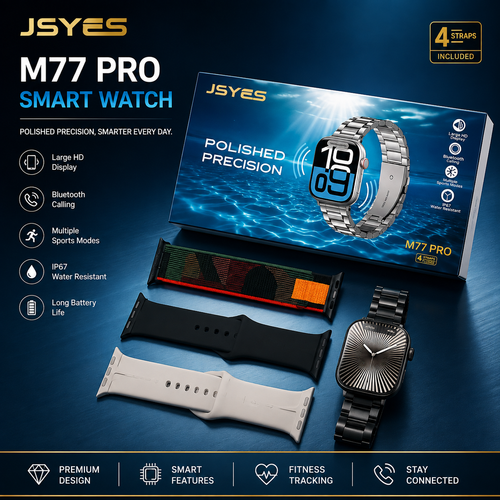 JSYES M77 Pro smart watch shown with its retail box, plus three interchangeable bands in black, white, and dark gray, on a dark blue promotional background with feature callouts and icons.