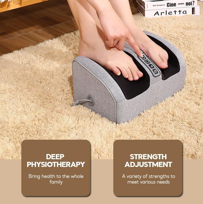 Person using a foot massager on a carpeted floor with text about deep physiotherapy and strength adjustment.