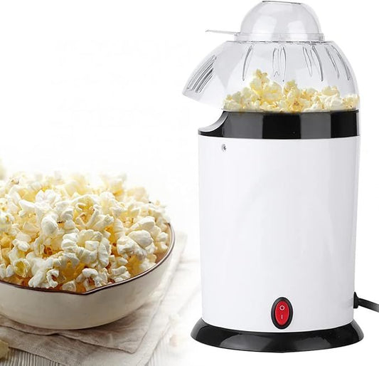 Popcorn maker with popcorn and a bowl of popcorn on a white background