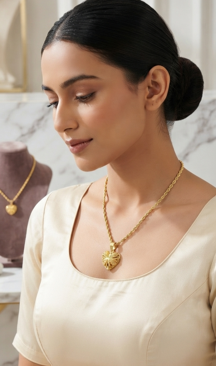 A woman wearing a delicate gold chain necklace with a textured, starburst-like heart-shaped pendant, styled with a cream-colored top. The background features a soft-focus jewelry display bust.
