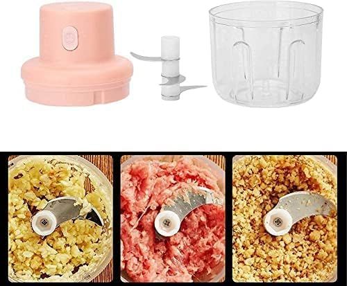 Collage of a pink food processor with attachments and processed foods.