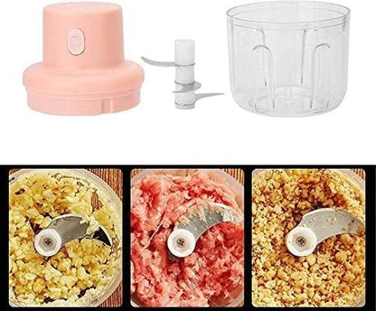 Collage of a pink food processor with attachments and processed foods.